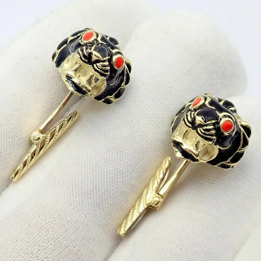 Vintage! David Webb 18k Yellow Gold Black Enamel Lion Cufflinks